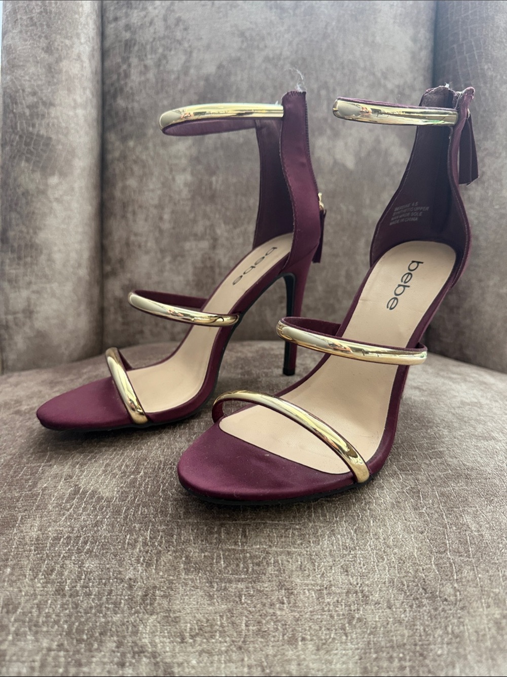 bebe Burgundy Satin Strappy Heels with Gold Accents